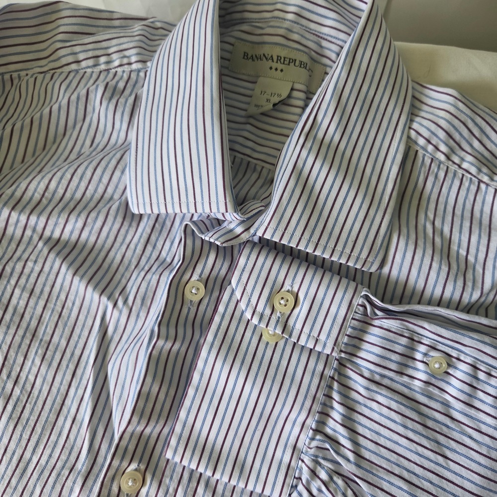 Banana Republic Men XL Striped Button Down Shirt Blue Burgundy White 100% Cotton